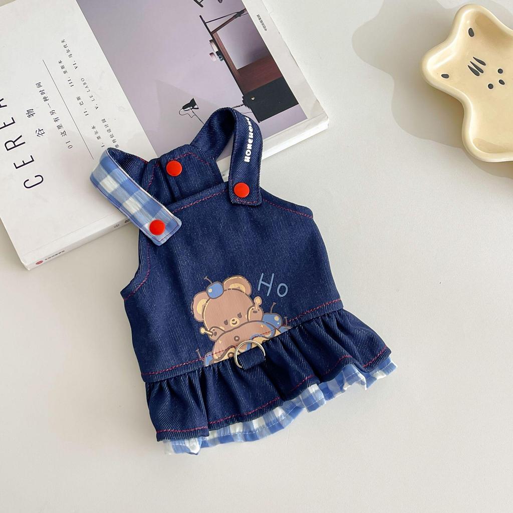 Plaid Denim Leash-Compatible Dog Skirt - Breathable Apparel for Pets
