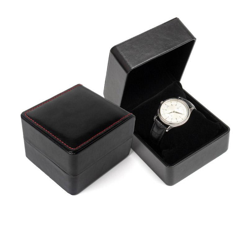 Black Single Watch Gift Box with Pillow PU Leather Wristwatch Display Case Organizer for Men Clamshell PU Leather Watch Case