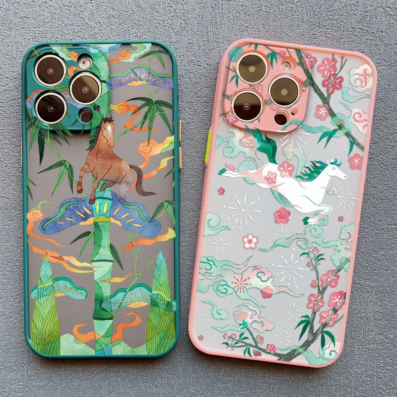 Lucky Painted Horse Pattern Chinese Style Phone Case For iPhone 15 14 Pro Max Plus 17 16 Pro Max 13 Mini 12 11 Pro Max Back Case