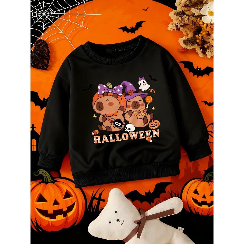 Kids Crewneck Sweatshirt, Halloween Cartoon Pumpkin Capybara & HALLOWEEN Text Print