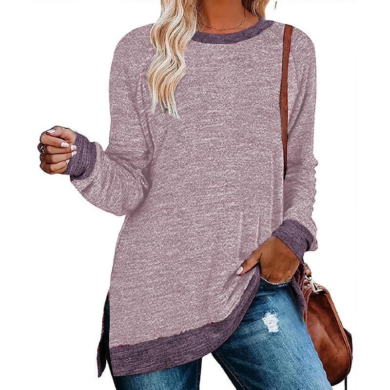 2026 New Long-Sleeve Round-Neck Color-Block Slit Top for Women, Loose Casual Pullover T-Shirt