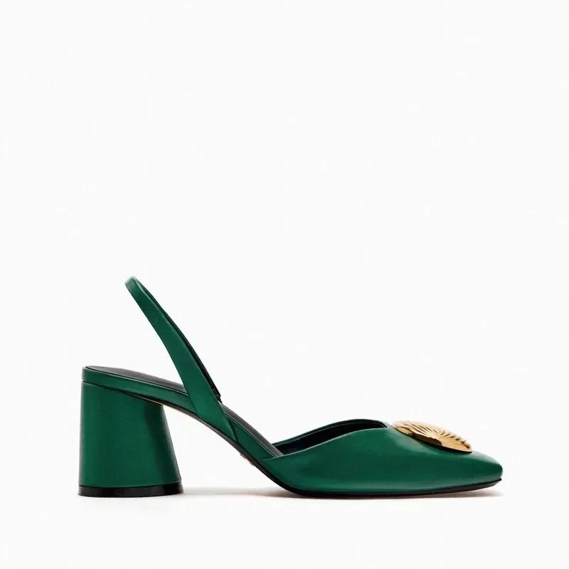 

Роскошная металлическая отделка, ремешок сзади, сандалии на толстом каблуке, женские элегантные туфли-мюли на высоком каблуке с круглым носком, летние дизайнерские сандалии 35