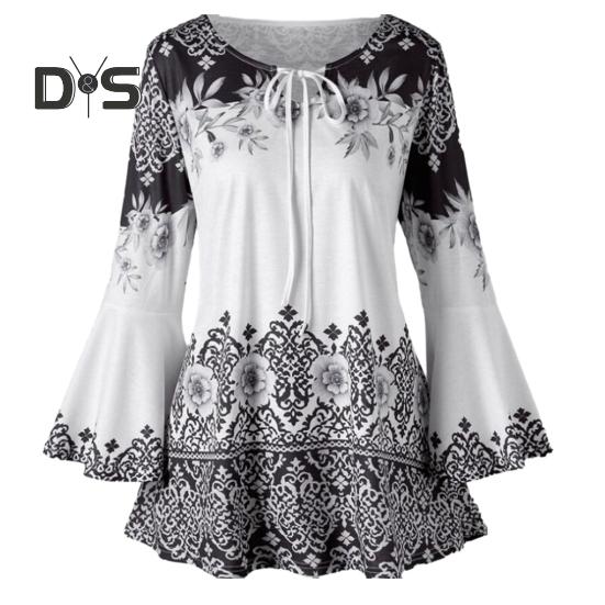 

Женский топ с цветочным принтом, рукавами с рогами, трапециевидной формы, свободный подол, зашнуровать шею, облегающий крой, узкая талия, контрастный цвет, женская весенне-осенняя блузка, топ 3XL чёрный