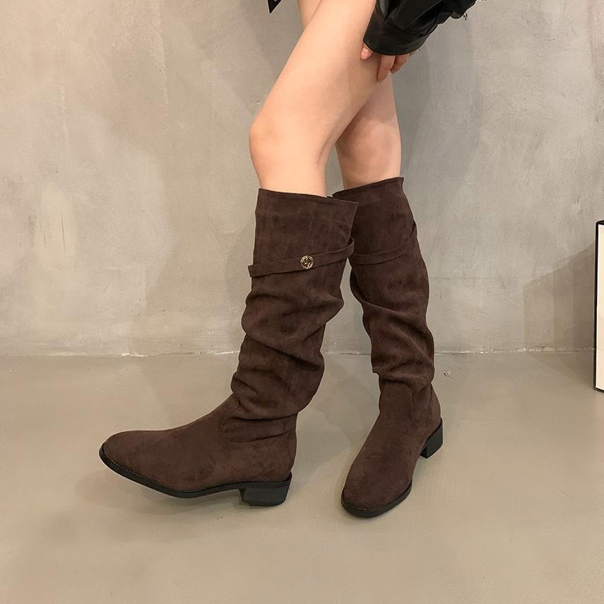 Coarse Heel Suede Khaki Pile Medium Tube Knight Boots Women's Shoes New Autumn and Winter Skinny Long Tube Long Boots
