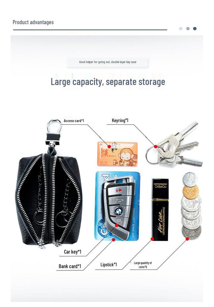 Genuine Leather Key Holder with Double Zipper, Large Capacity, Multi-functional Card Holder, Coin Purse & Key Case for Home Use