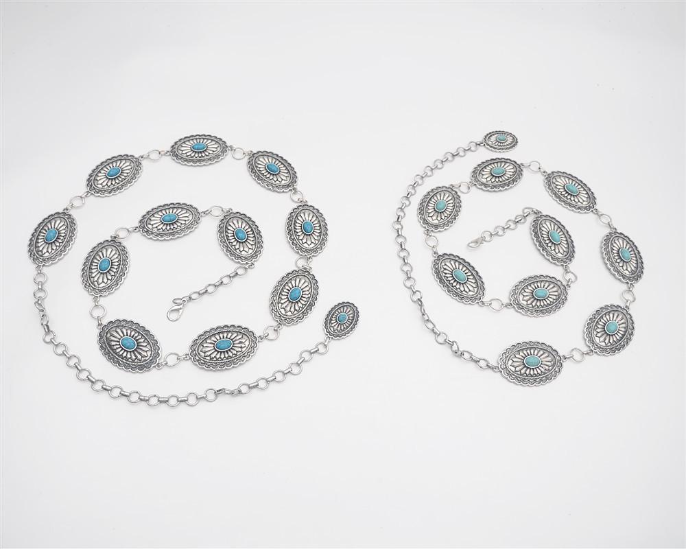 Vintage Turquoise-Inlaid Metal Waist Chain for Dresses & Jeans - European & American Niche Fashion