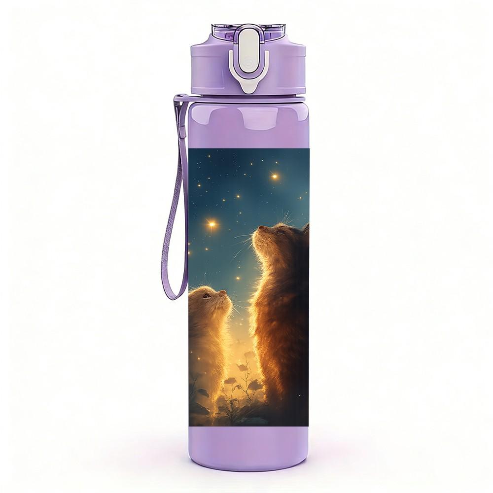 1PC Two Cats Starry Night Art 750ml Color Plastic Sports Water Bottle Leakproof Flip Straw Lid Suitable for Sports Office Home Use