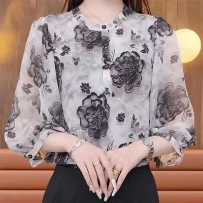 Temperament Retro Fashion Printed Three Quarter Sleeve Shirt Women's Summer New Style Stand Collar Shirt Western Style Mom Chiffon Top