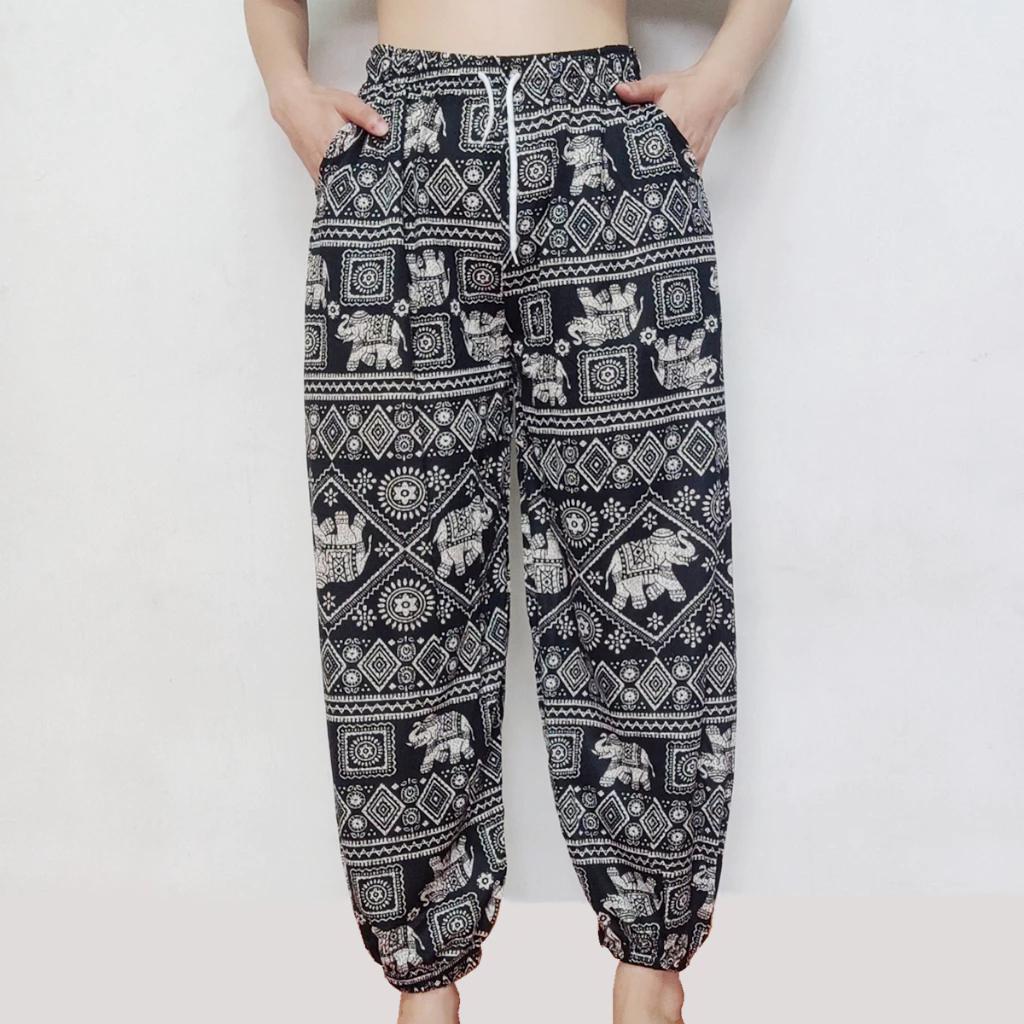 Elephant Jump Pants Pocket Adjustable Elastic High Waistband Strap Unisex Man Women Print Thailand Casual Streetwear Beach Bohemian Retro Vintage