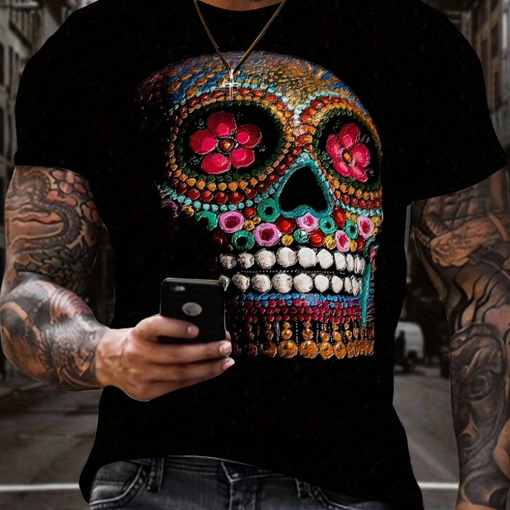 Men s 3D Skull Print T-Shirt, Casual Comfortable T-Shirt, Short Sleeve Hooded Sweatshirt, New Fashion 6XL