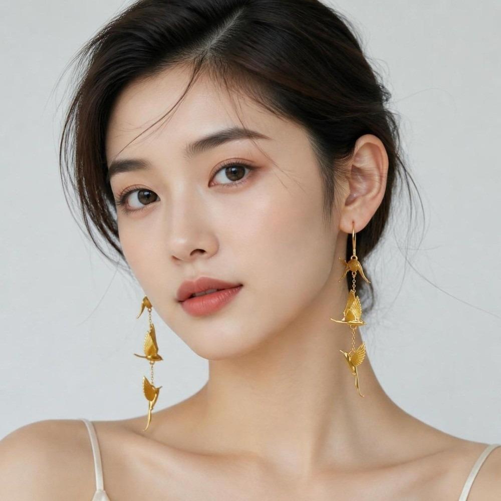 Alloy Six-Feathered Lark Earrings Chinese Style Gold Bird Earrrings Party Jewelry Accessory Gift