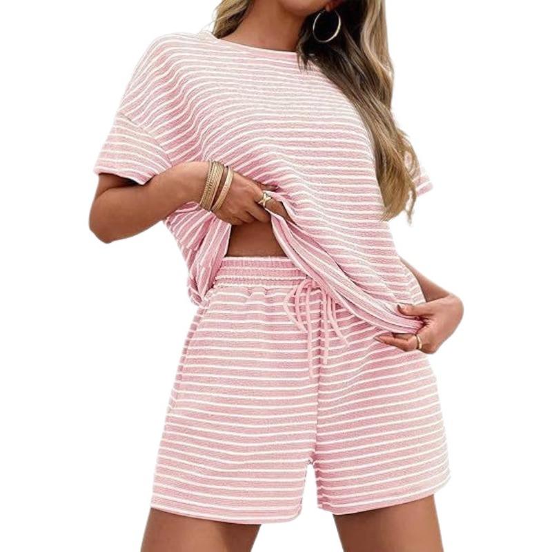 Women Striped Two Piece Outfit, Short Sleeve Top and Shorts Set, Fashion Casual Outerwear Summer Matching Suit