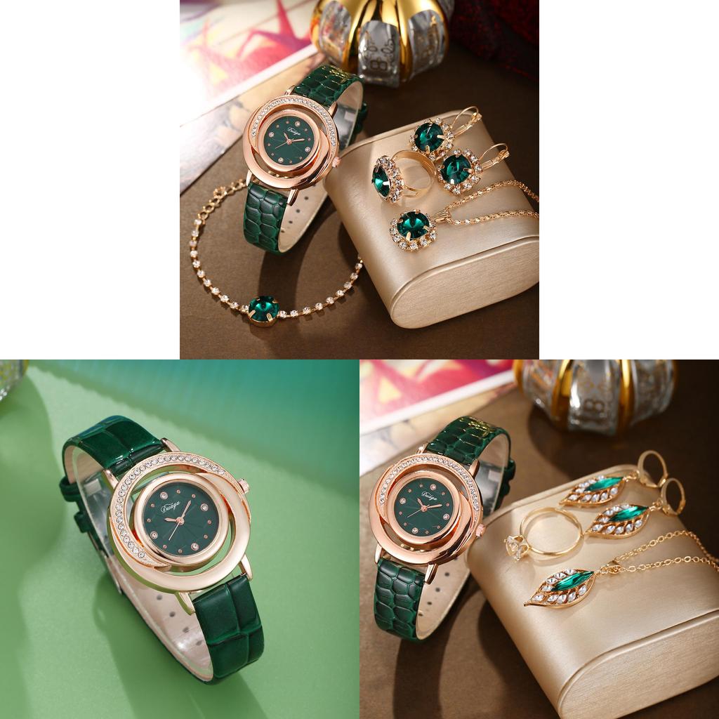 Womens Fashion Snake Print Leather Watch Jewelry Set With Diamond Accents For Gift