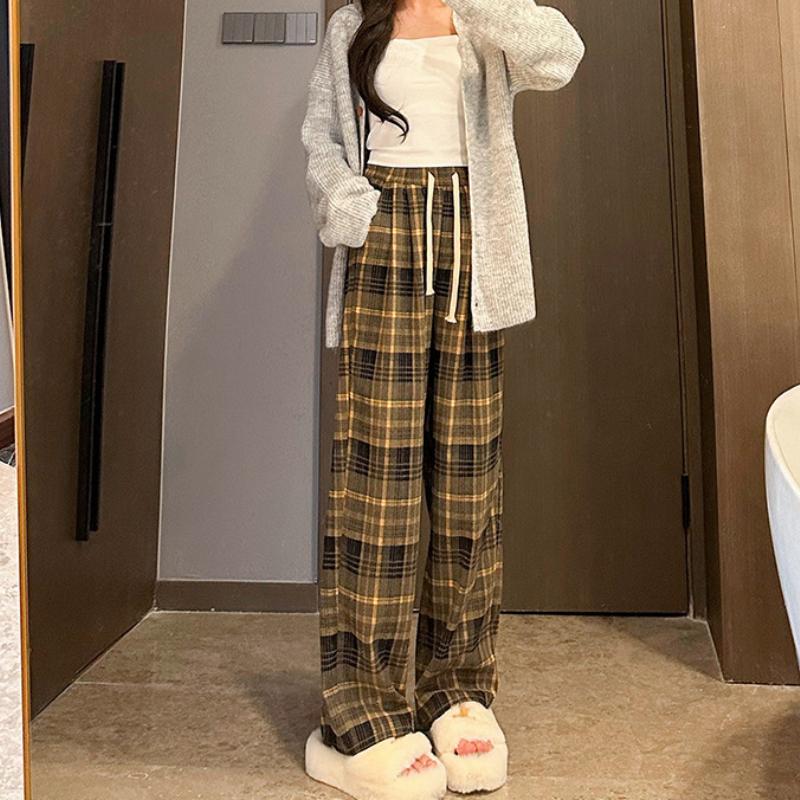 

Красные клетчатые брюки и бархатные утепленные прямые брюки женские осенне-зимние с высокой талией на кулиске свободные повседневные широкие брюки XL жёлтый