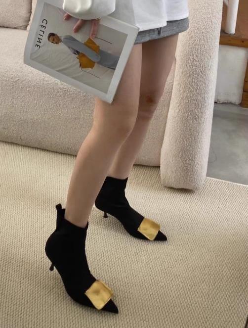 Pointed Kitten and Gold Button Short Boots Elastic Skinny Boots Socks Boots
