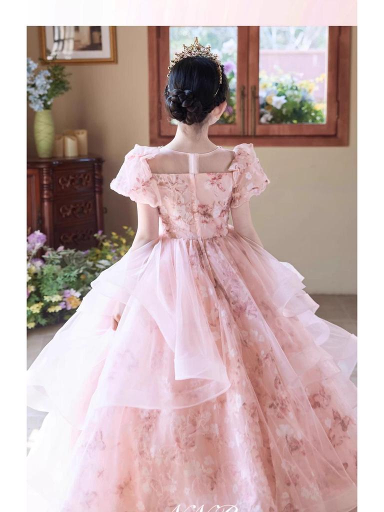 Pink Mori Style Luxury Tulle Princess Dress for Children's Birthday & Piano Performance
