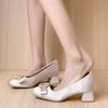 Block Heel Single Shoes Autumn New Square Toe Shallow Slip Rhinestone Button Bow Slip-on Anti-Slip Wear-Resistant Kitten Heels