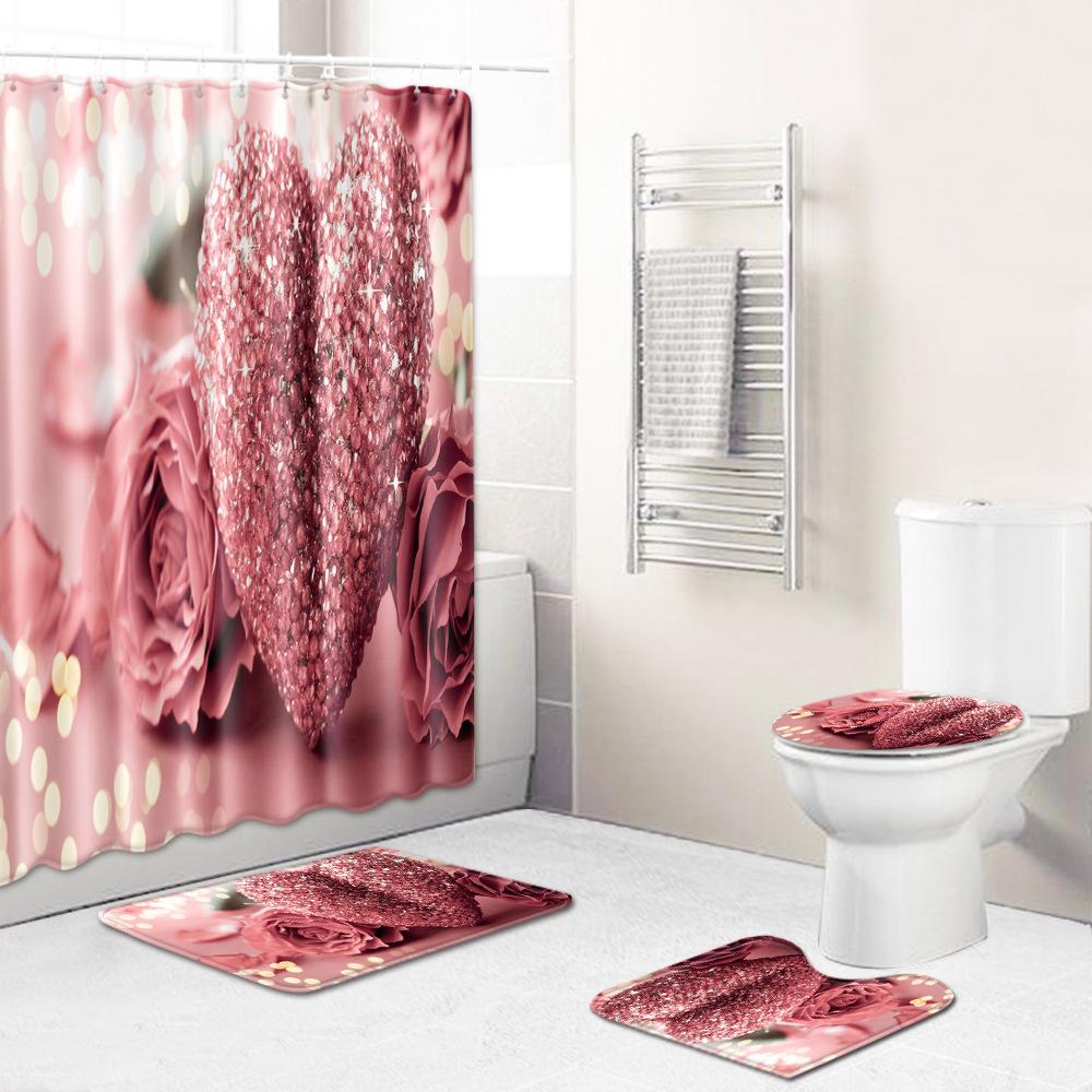 Love Valentine'S Day Shower Curtain Floor Mat Four-Piece Set Bathroom Non-Slip Door Mat Bedroom Carpet