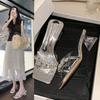 Crystal Thick-heeled Sandals Women's Summer 2025 New Rhinestone High-heeled Shoes Square Head Word with Medium Heel Temperament Slippers