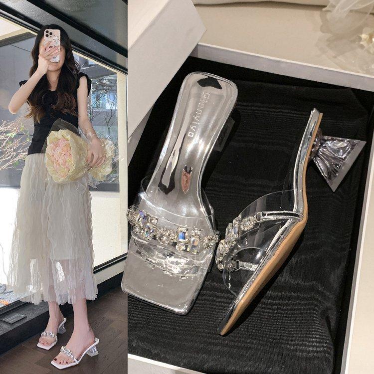 Crystal Thick-heeled Sandals Women's Summer 2025 New Rhinestone High-heeled Shoes Square Head Word with Medium Heel Temperament Slippers