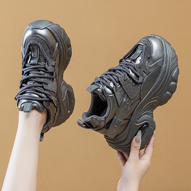 9cm Genuine Leather Rhinestone Bling Chunky Sneakers Spring Summer Autumn Breathable Platform Wedge Women Fashion Shoes