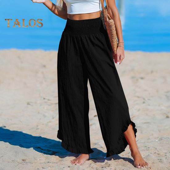 Pantaloni Casual pentru Femei, Plisați, Elastici, cu Talie Înaltă, cu Picior Larg, Pantaloni Lungi cu Buzunare, Manșete cu Volane, Croială Lejeră, Pantaloni de Timp Liber