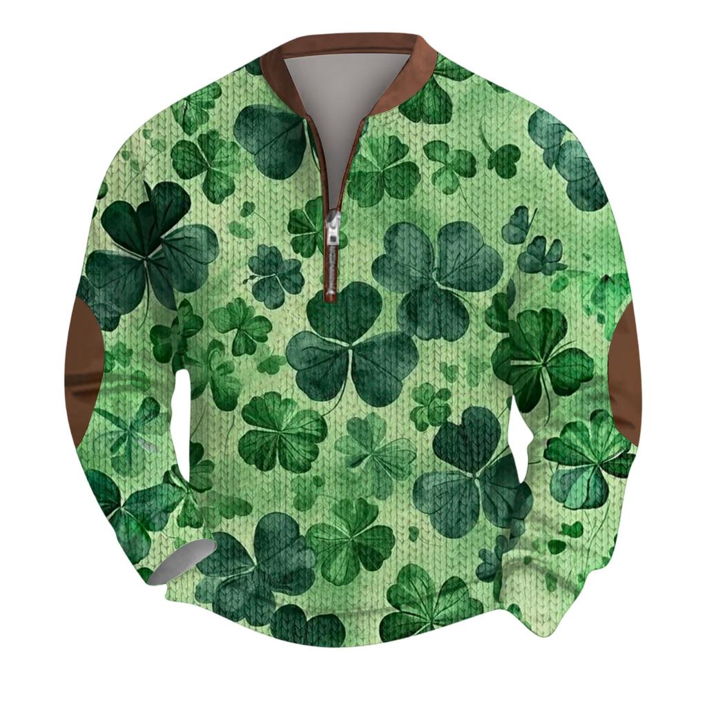 Mens Christmas Sweater Zip Up Sweatshirts Vintage Knit Graphic Sweatshirt St. Patrick's Day Stand Collar Pullover