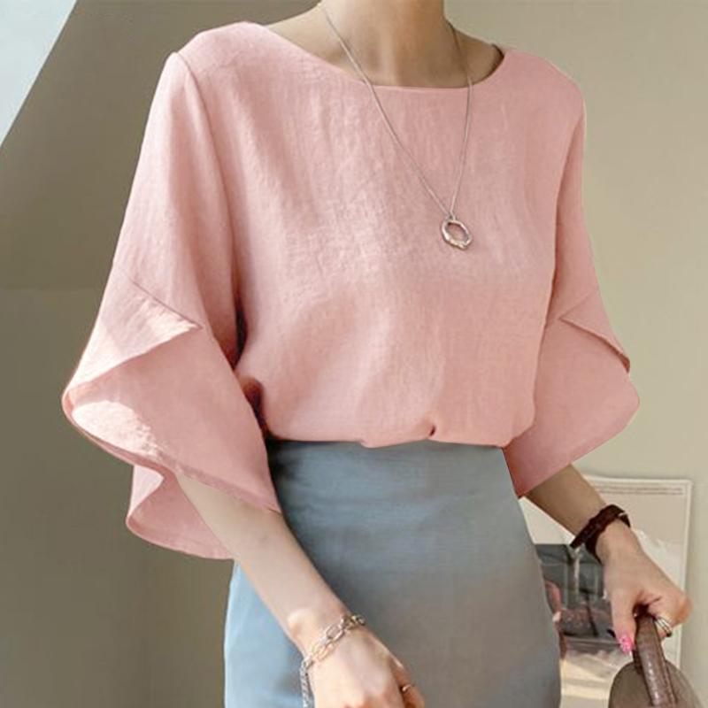 

ZANZEA Women Casual Round Neck Ruffles 3/4 Sleeve Loose Blouse 5XL