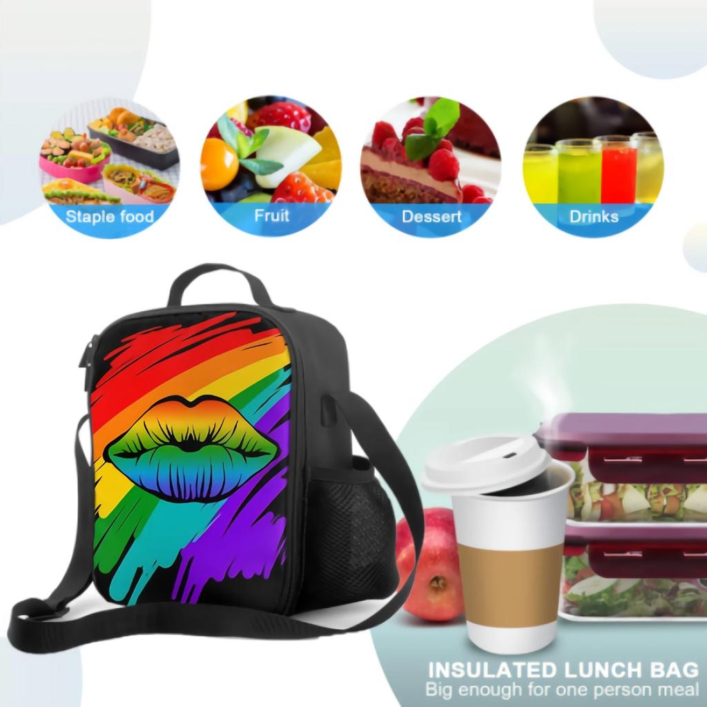 Regenbogenfarbene Lippe Isolierte Lunchbox Auslaufsicher Tragbare Lunchtaschen Langlebige Wiederverwendbare Kühltasche für Picknick Reisen Büro