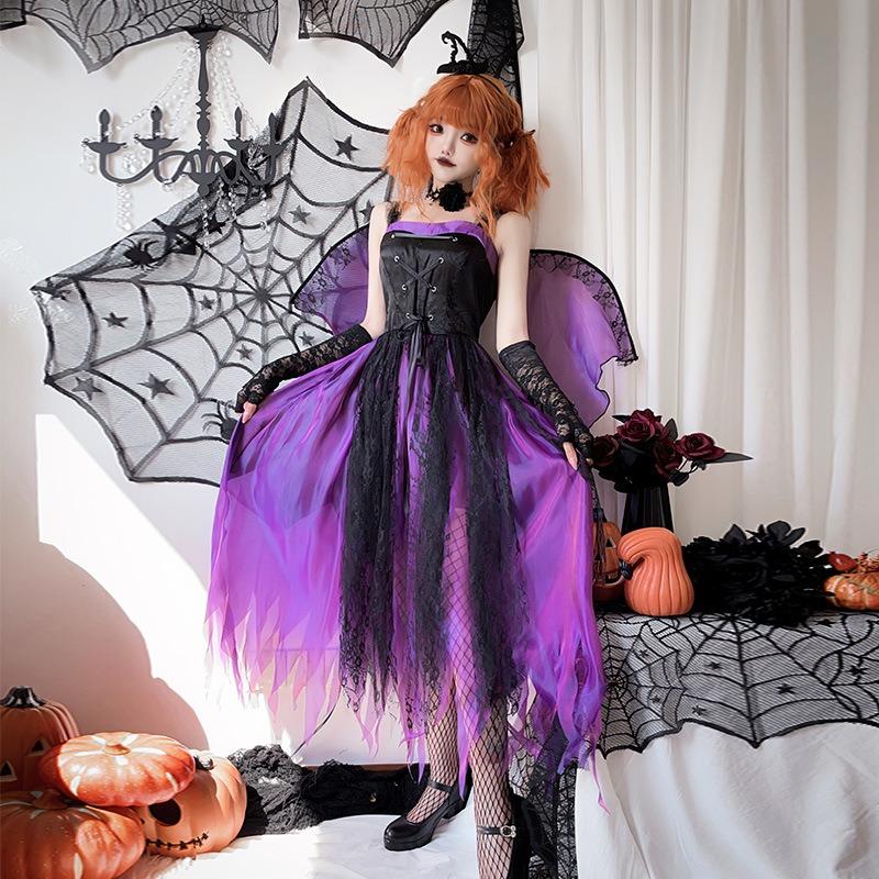 Halloween Adult Costume Wings Dark Angel Ghost Bride Vampire Queen Dress Purple Witch Dress