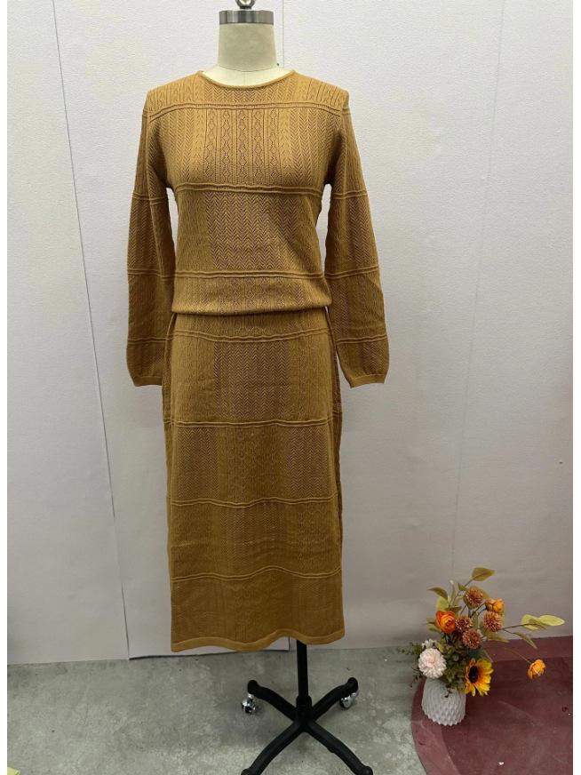 2024 Fall Slim Fit Solid Color Round Neck Long Sleeve High Waist Swing Skirt Set for Women