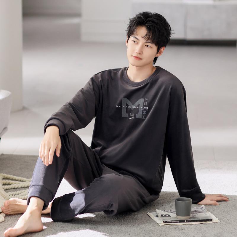 Pajamas Men'S Autumn And Winter Warm Island Fleece Long Sleeve Crew Neck Pullover Coral Fleece Loungewear Thin Fleece Large Size Set