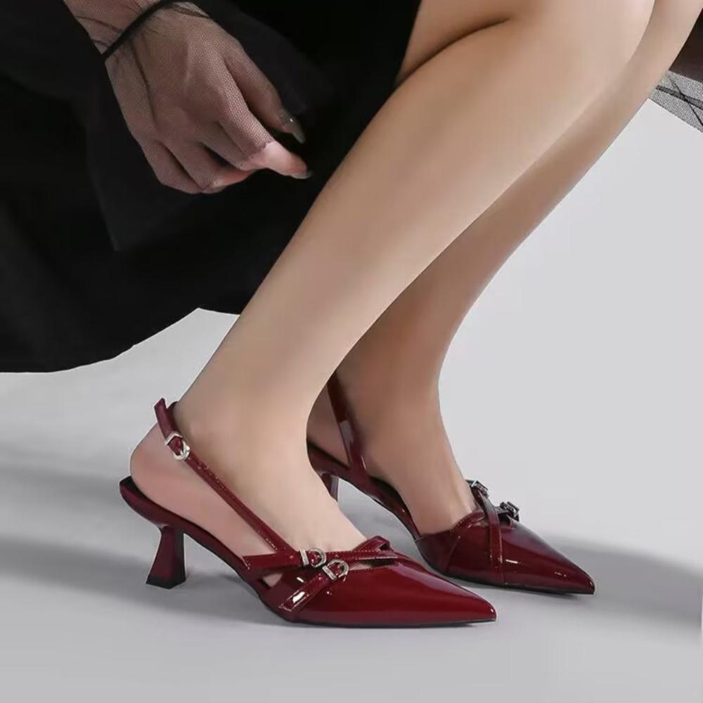 Fashion 2025 New Summer Women's Dress Shoes Patent Leather Slip on Pointed Toe Sandals Buckle Slingbacks Mid Heels Pumps Sandalias Mujer