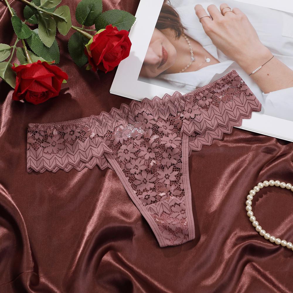 Women's Thongs Sexy Perspective Lace Flower Pattern Hollow Out Low-Waist Butterfly Knot Breathable Intimates Super Comfortable