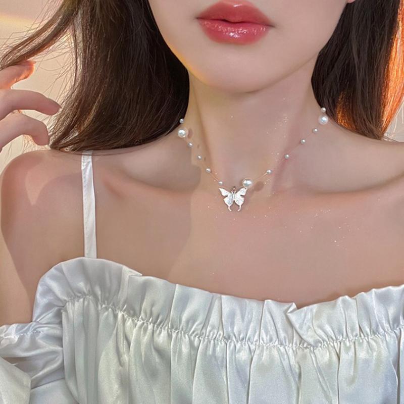 Naszyjnik z perłowym motylem, damski metalowy łańcuszek na obojczyk z motylem