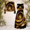 Women Plus Size Black Gold Printed Round Neck Long Sleeve Cropped Cardigan Two Piece Dress Set