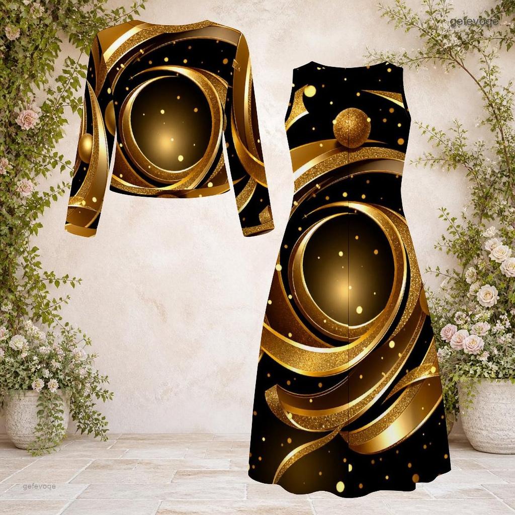 Women Plus Size Black Gold Printed Round Neck Long Sleeve Cropped Cardigan Two Piece Dress Set