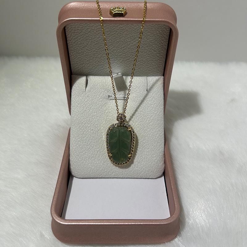 Women's Artistic Blue Jade Leaf Necklace with Gold Branch - New Chinese Style Luxury Design