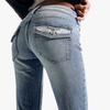 Blugi Damă cu Aripi de Înger Brodate Pantaloni din Denim Elastic Y2K Spălare Deschisă Micro Évasé Pantaloni Lungi