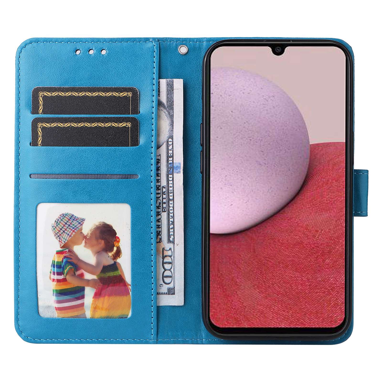 

For Samsung Galaxy A14 5G/A14 4G Sunflower Imprinted PU Leather Wallet Case Foldable Stand Full Body Protection Cover with Hand Strap Blue