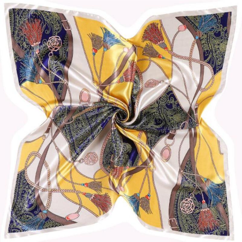90x90cm Silk Scarf Women Belt and Rope Design Foulard Luxury Brand Neckerchief Square Scarf Female Bandana Office Lady Headband