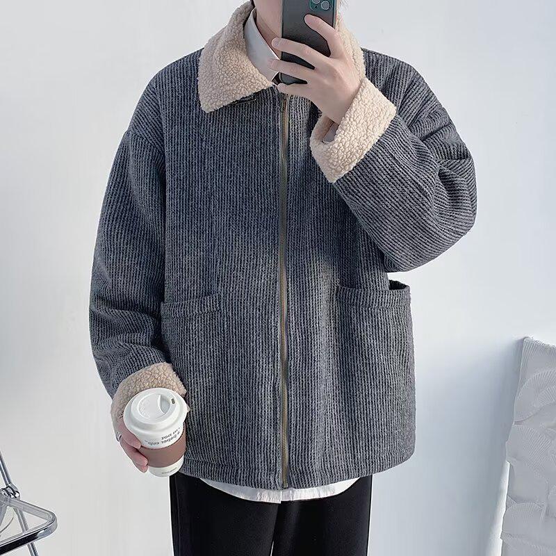 Men s Velvet-Lined Cotton Jacket - Korean Style, Lapel Design, Thick & Warm for Autumn/Winter. Medium серый