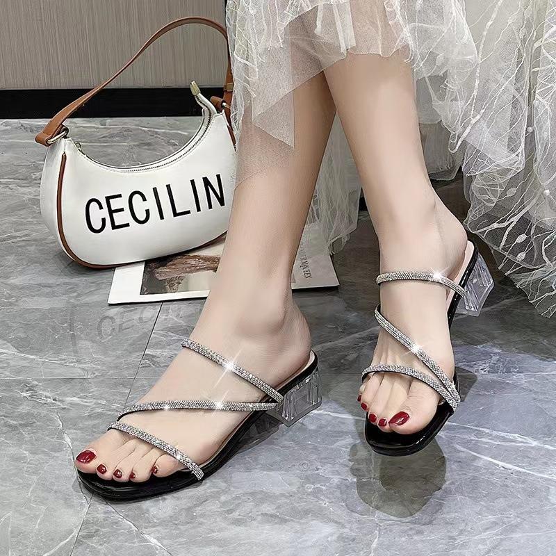 High heel cool slippers fairy summer fairy rhinestone middle heel with one word fashion slippers Korean version new