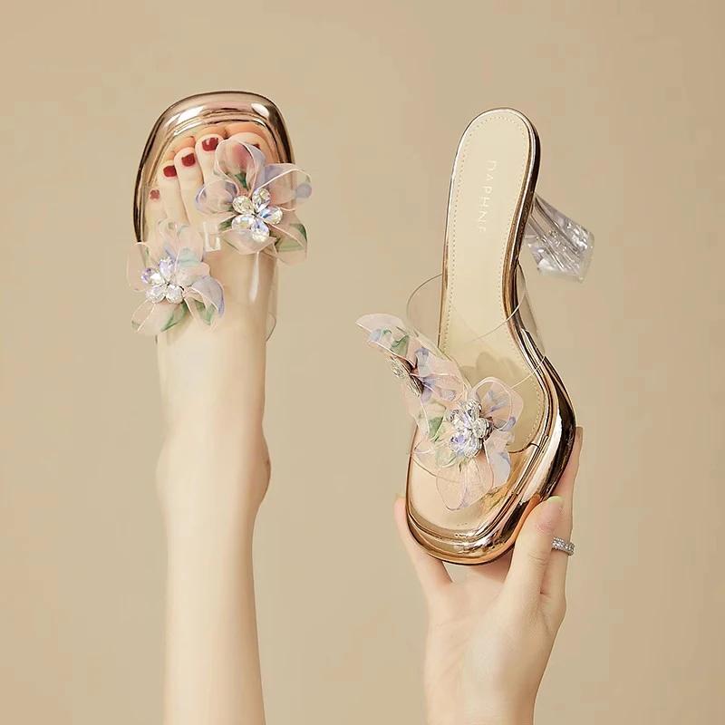Shoes Woman 2025 Slippers Summer Heeled Mules Square heel Glitter Slides Pantofle High Block Jelly Transparent New Scandals Pump