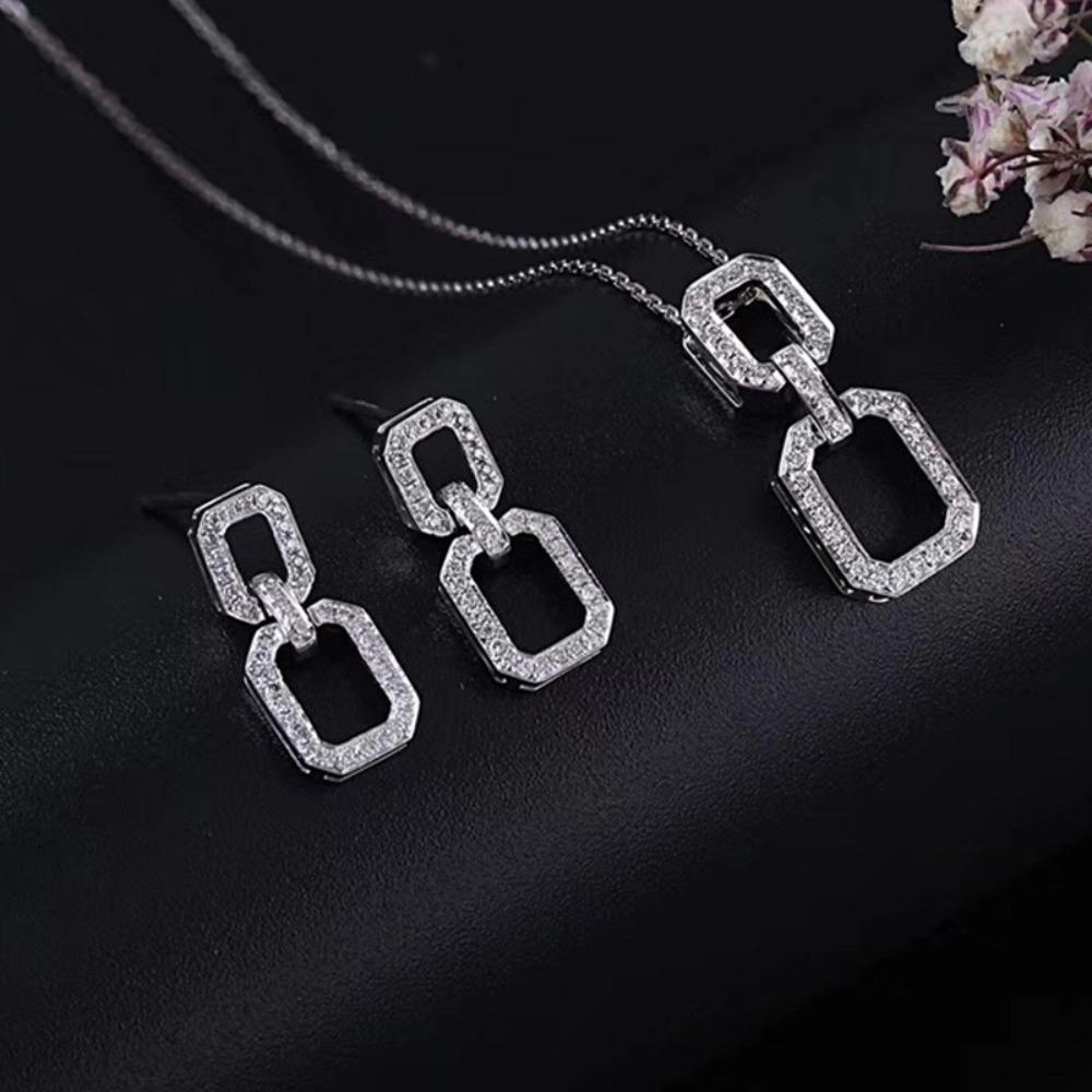 

Luxury Geometric Earrings with Micro Pave Diamonds and Matching Necklace Pendant Women Jewelry Set