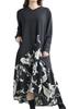 Gold Japan Plus Size Floral Print Long Long Asymmetrical Front and Back Sizes Black Women's Dress, V-Neck, Sleeves, Flare, A-Line, Differential,