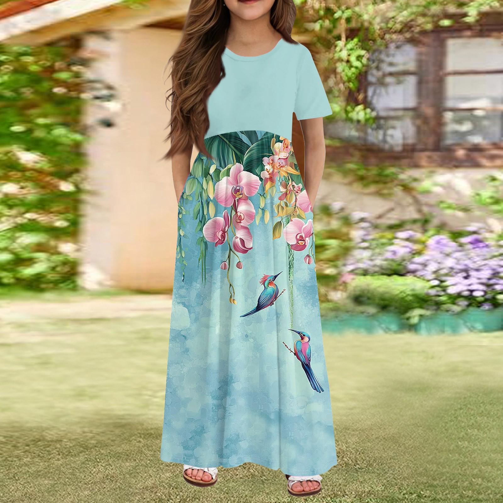 

Длинное летнее платье для девочек - платье макси с короткими рукавами и карманами для детей 4-14 лет 160