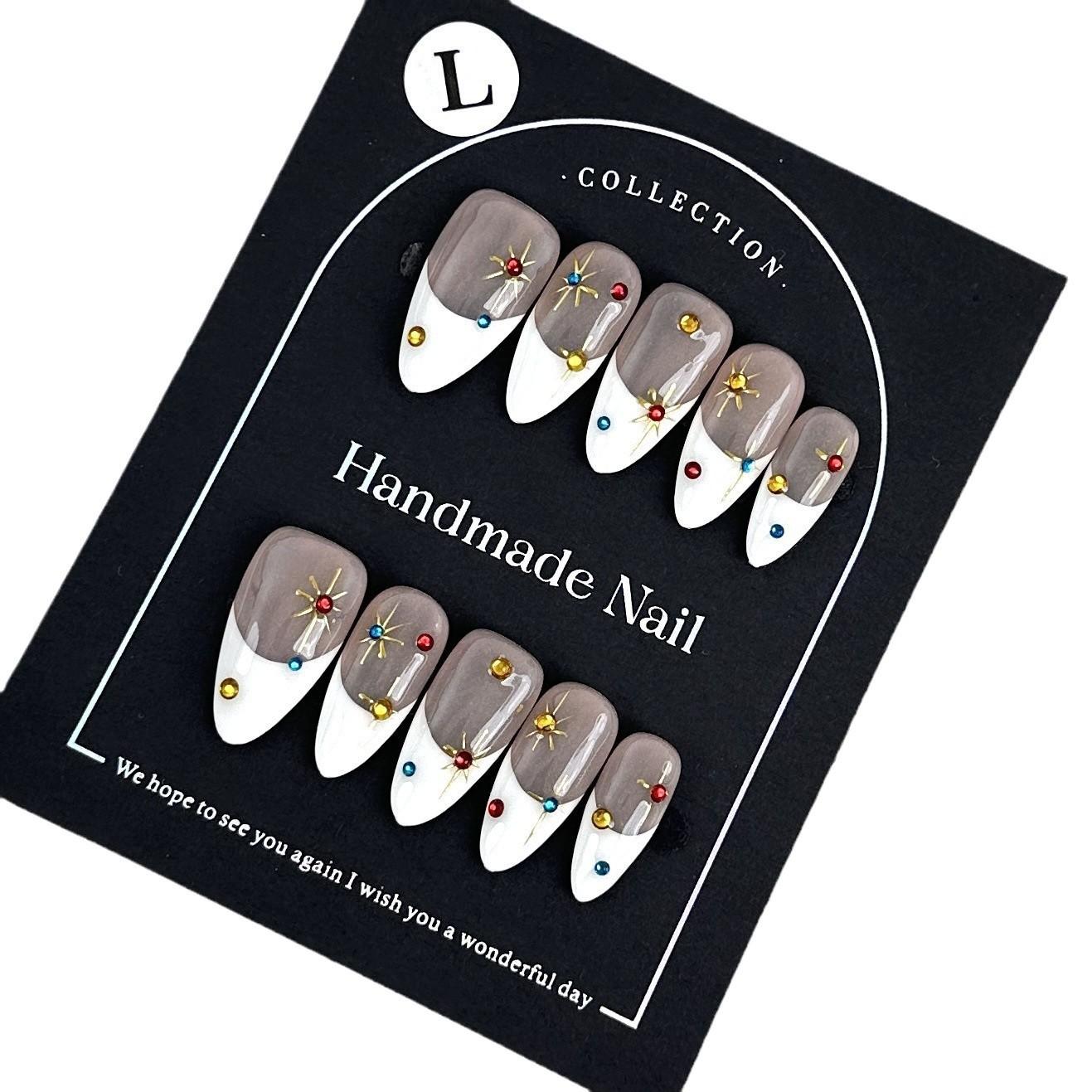 

Ins Press On Nails French Minimalist Glitter Diamonds handmade Almond false nails Elevated Fall Winter Nail wraps L