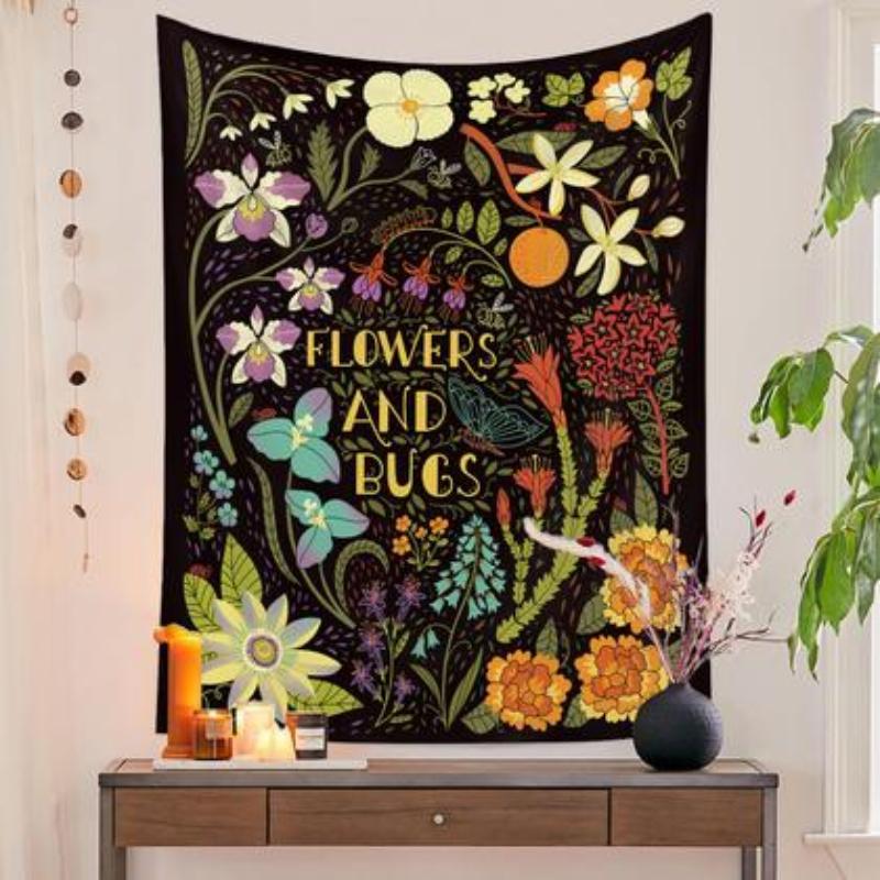 Retro Flower Insect Tapestry, Bohemian Botanical Wall Hanging, Vintage Aesthetic Decor for Bedroom Dorm Living Room