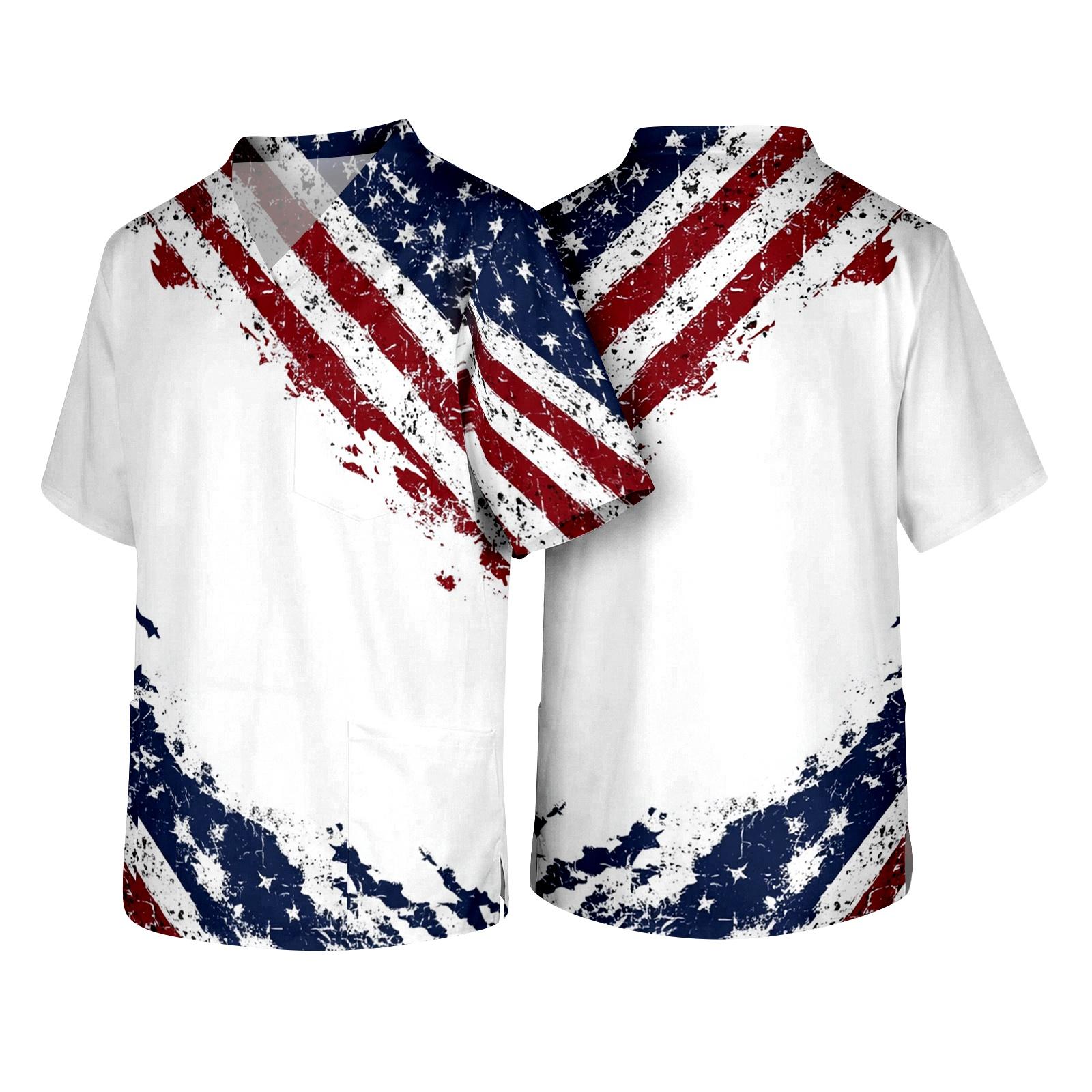 

Men s V Neck Short Sleeve Work Shirt with Chest Pocket American Flag and Statue of Liberty Print Independence Day Design Casual Fit L